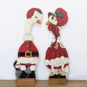 Vtg Large Hand Painted Wood Christmas Goose 22" Shelf Sitter Set Santa Mrs Claus